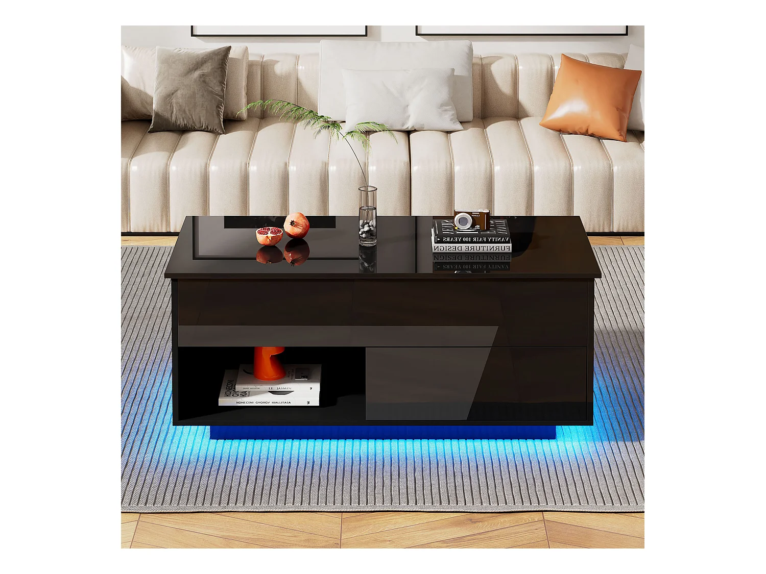 Table de Café/Wohnzimmer à Finition Brillant Noir – 100x50x55 cm, Levage Hydraulique, Éclairage LED et Espace de Rangement Multiniveaux