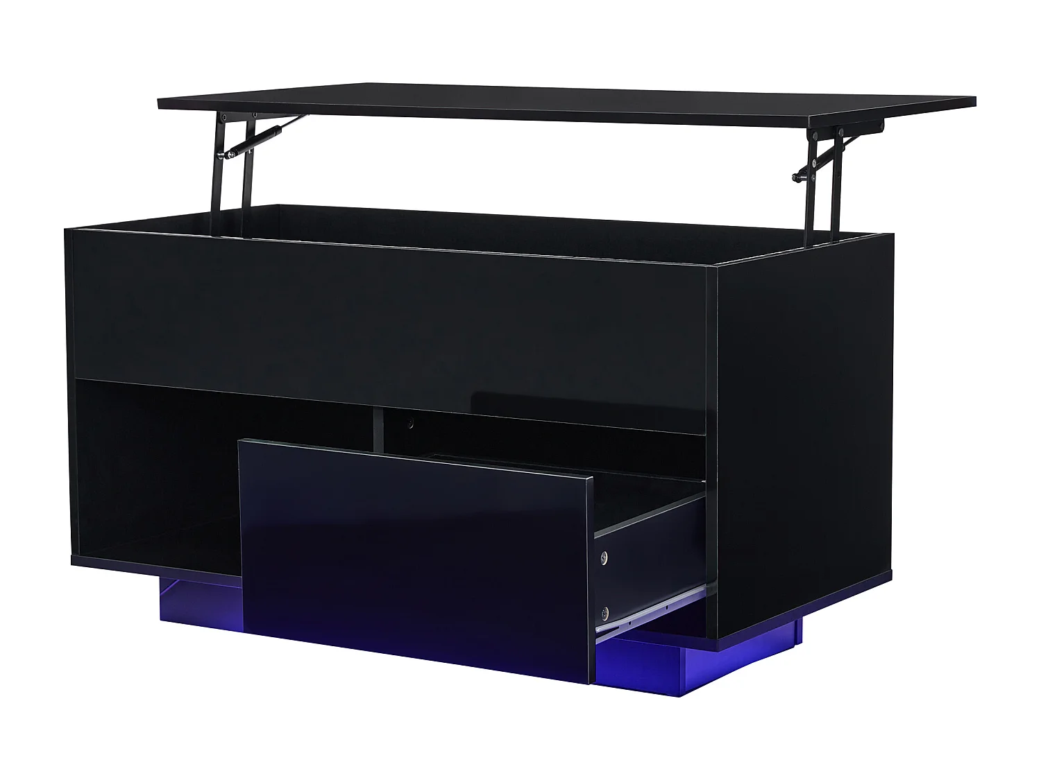 Table de Café/Wohnzimmer à Finition Brillant Noir – 100x50x55 cm, Levage Hydraulique, Éclairage LED et Espace de Rangement Multiniveaux
