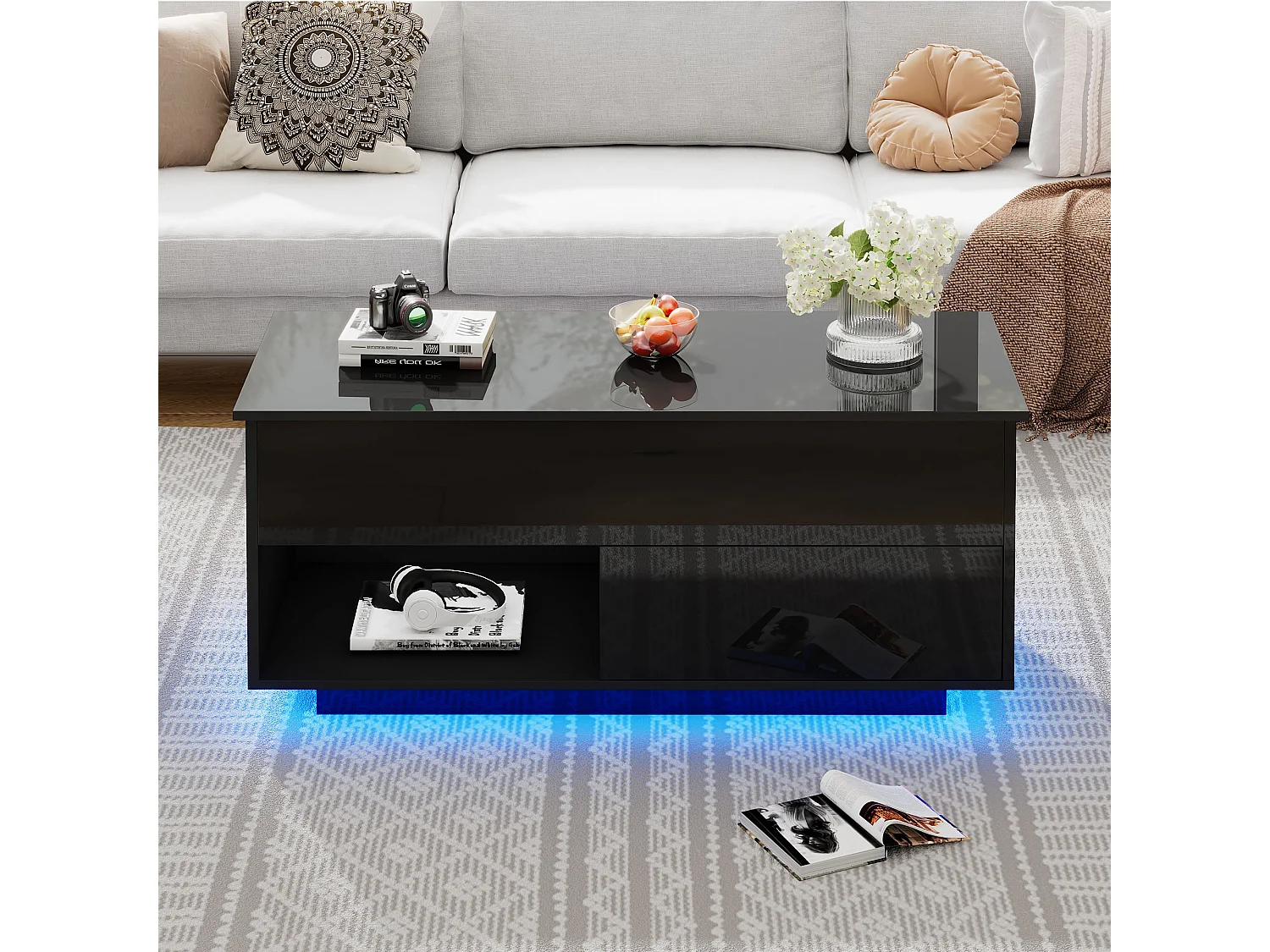 Table de Café/Wohnzimmer à Finition Brillant Noir – 100x50x55 cm, Levage Hydraulique, Éclairage LED et Espace de Rangement Multiniveaux