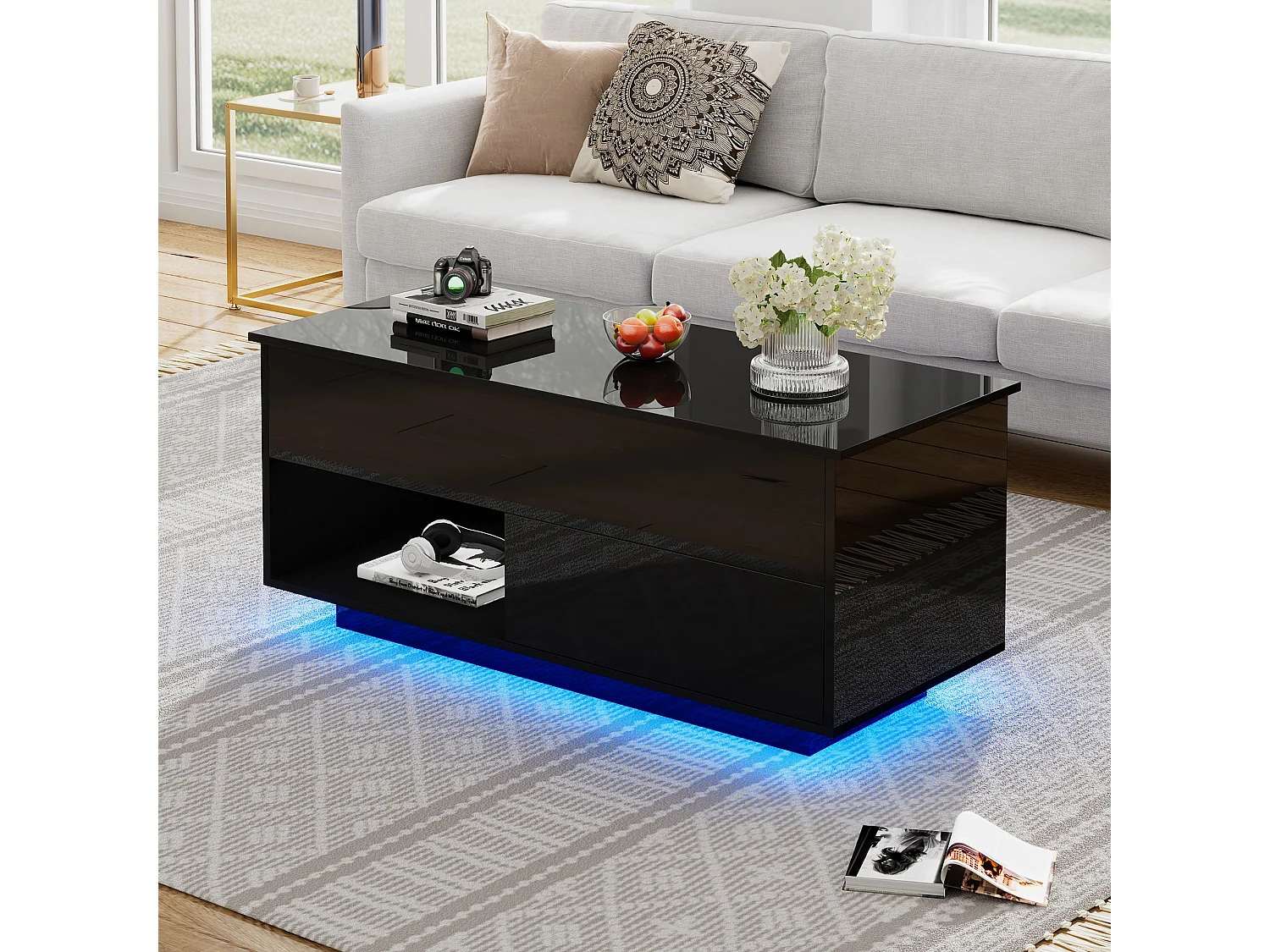 Table de Café/Wohnzimmer à Finition Brillant Noir – 100x50x55 cm, Levage Hydraulique, Éclairage LED et Espace de Rangement Multiniveaux