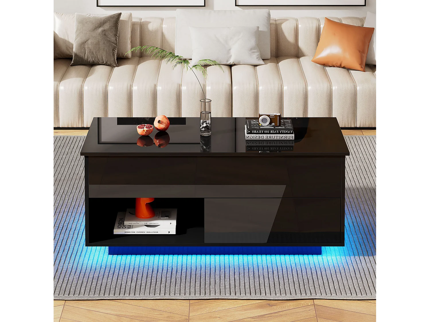 Table de Café/Wohnzimmer à Finition Brillant Noir – 100x50x55 cm, Levage Hydraulique, Éclairage LED et Espace de Rangement Multiniveaux