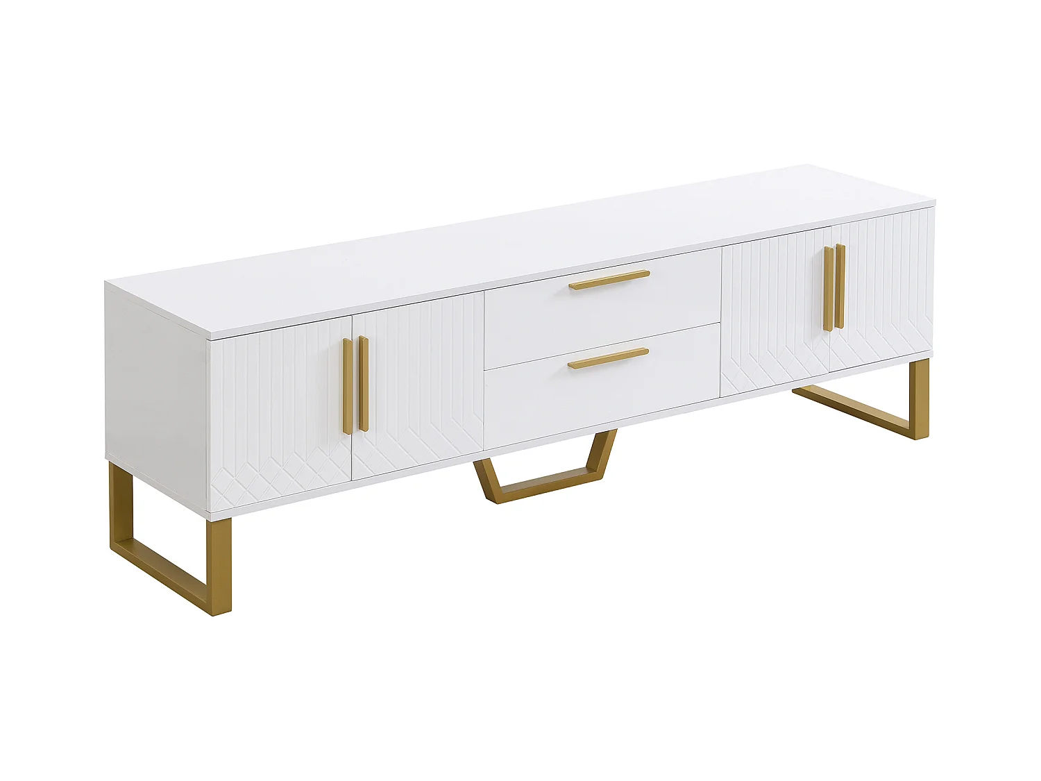 Meuble TV Brillant, Poignées et Pieds Dorés, Porte à Texture Gravée, Solution de Rangement Salon, Élégance Luxe et Fonctionnalité