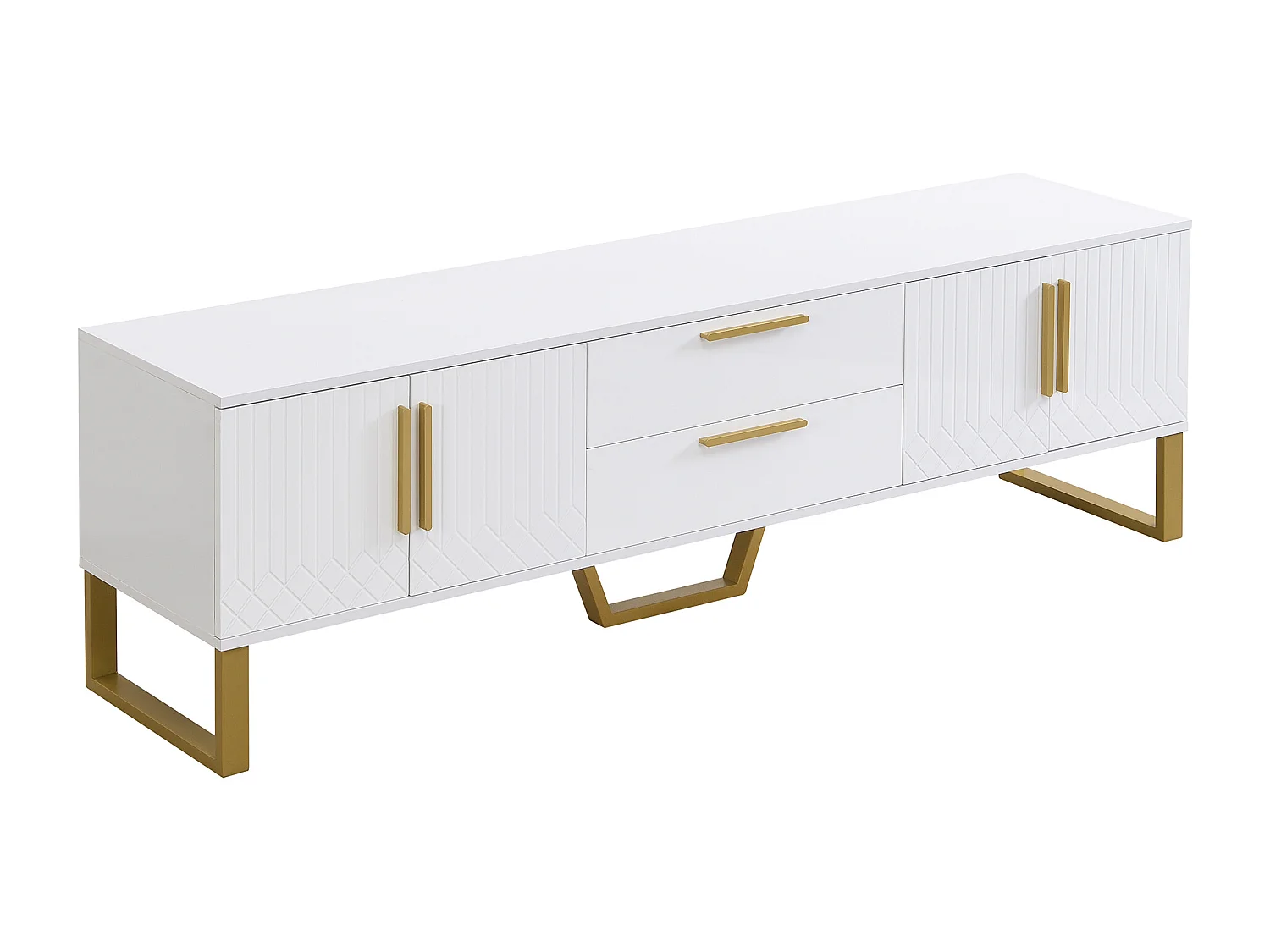 Meuble TV Brillant, Poignées et Pieds Dorés, Porte à Texture Gravée, Solution de Rangement Salon, Élégance Luxe et Fonctionnalité