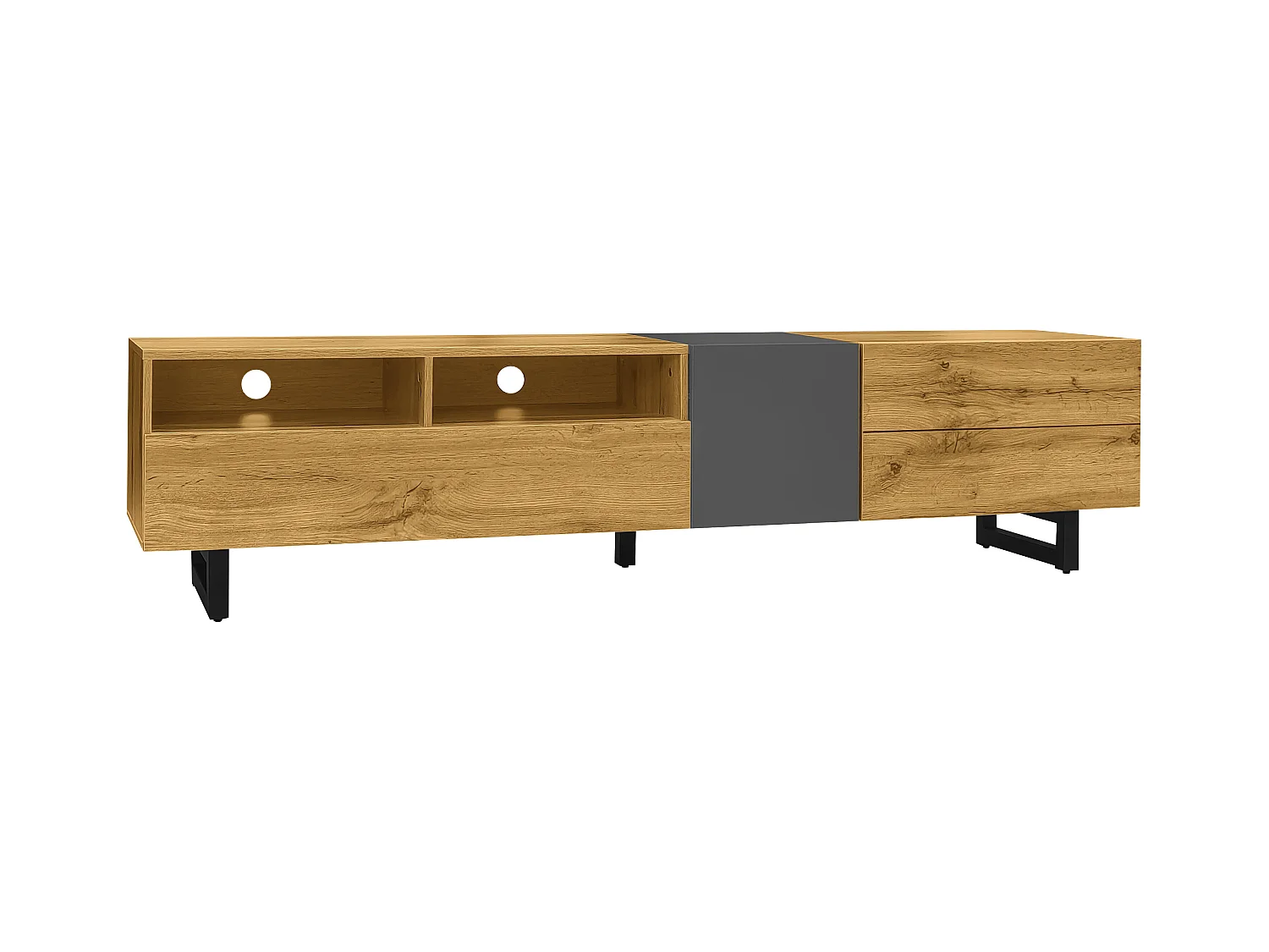 Meuble TV colorblock avec 3 portes, 2 compartiments et pieds métal en U. Design contrasté aux veines bois rétro, alliant simplicité et élégance tendance