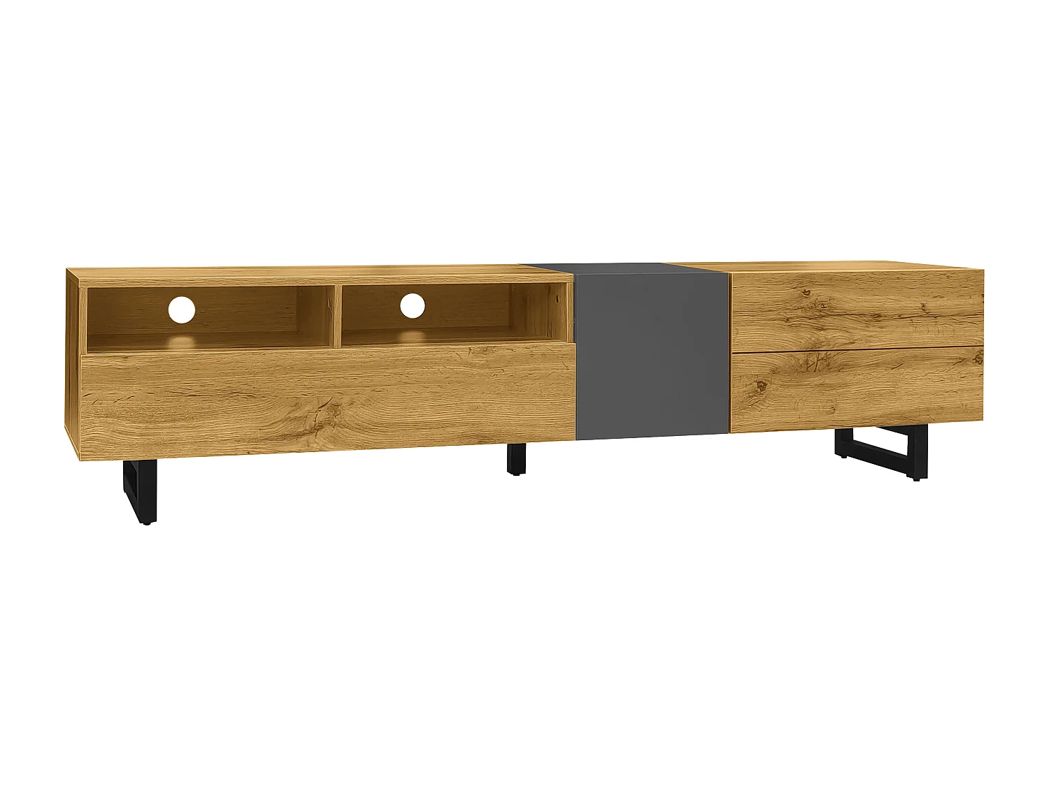 Meuble TV colorblock avec 3 portes, 2 compartiments et pieds métal en U. Design contrasté aux veines bois rétro, alliant simplicité et élégance tendance