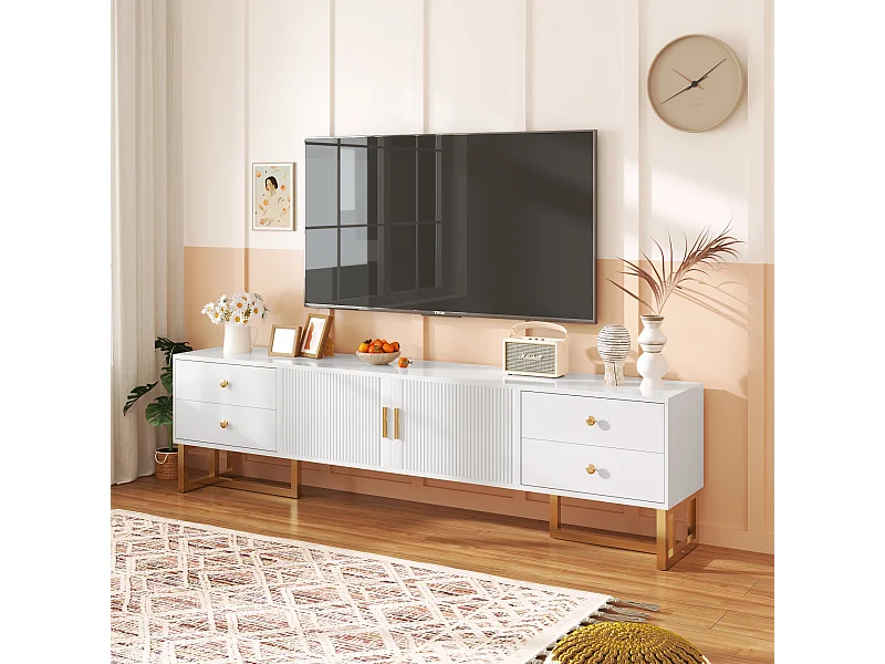 Meuble TV, panneau bas avec porte texturée, meuble TV avec tiroirs, poignées et pieds dorés