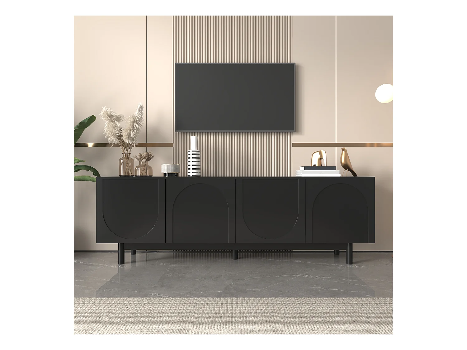 Meuble TV moderne noir – 175 x 38 x 56 cm, étagères réglables, meuble TV bas léger au style luxueux.