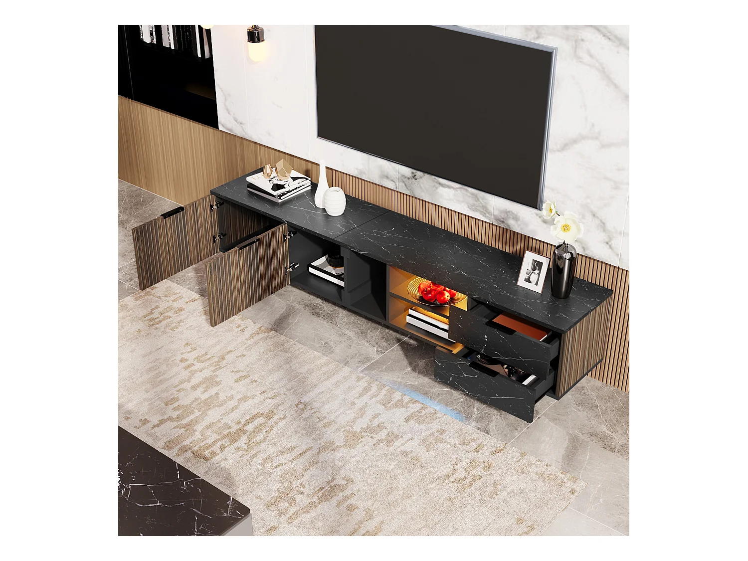 Meuble TV 200 cm avec aspect marbre noir, portes en bois foncé, éclairage LED réglable, 2 portes et 2 tiroirs, adapté pour robot aspirateur.
