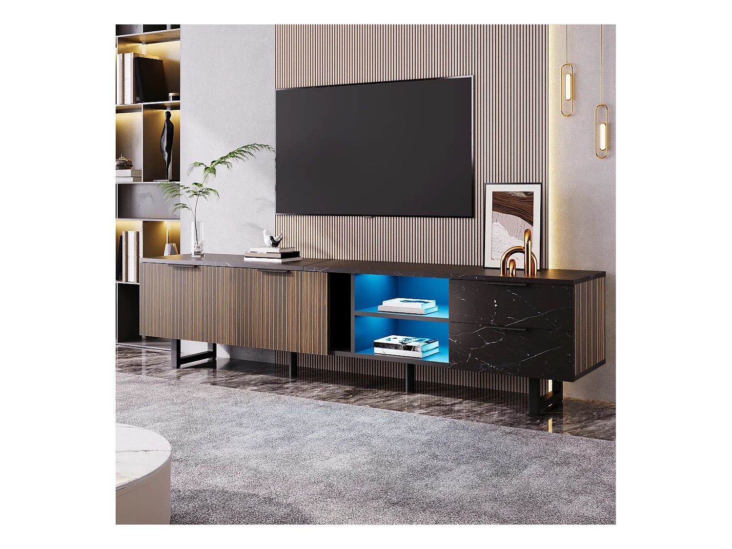 Meuble TV 200 cm avec aspect marbre noir, portes en bois foncé, éclairage LED réglable, 2 portes et 2 tiroirs, adapté pour robot aspirateur.
