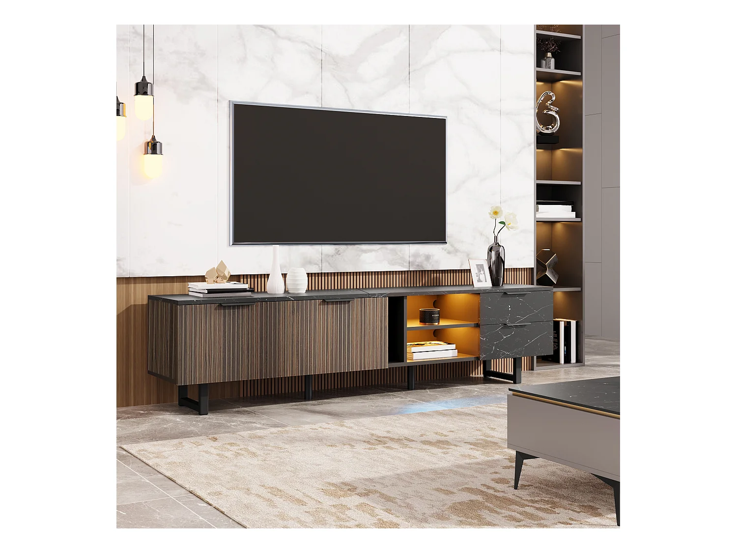 Meuble TV 200 cm avec aspect marbre noir, portes en bois foncé, éclairage LED réglable, 2 portes et 2 tiroirs, adapté pour robot aspirateur.