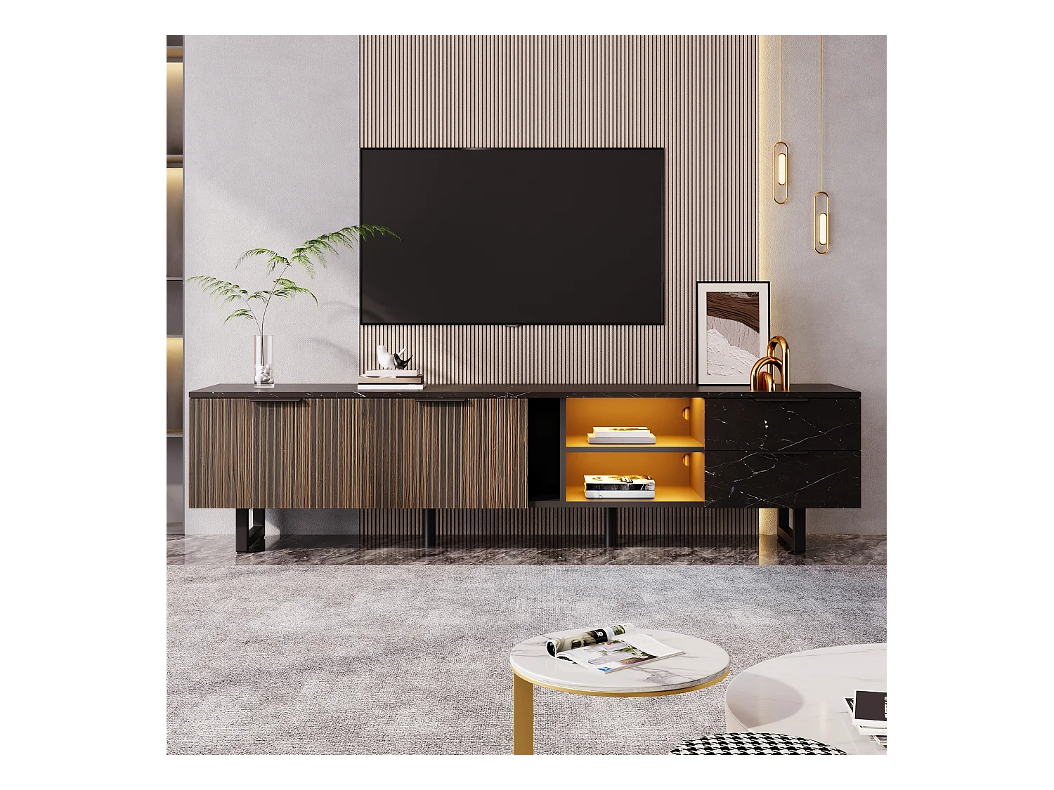 Meuble TV 200 cm avec aspect marbre noir, portes en bois foncé, éclairage LED réglable, 2 portes et 2 tiroirs, adapté pour robot aspirateur.