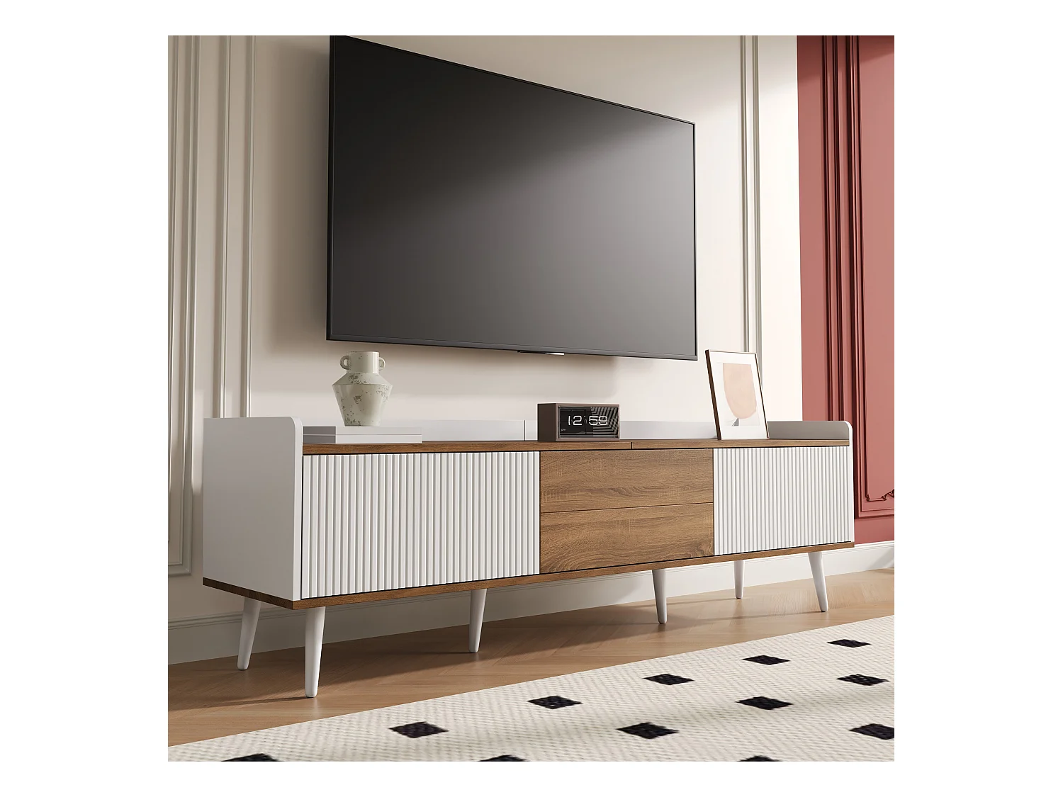 Meuble TV, table TV, support TV, meuble bas à trois portes, construction compacte, finition blanche et bois naturel, dimensions : H 49,5 cm / L 160 cm / P 39 cm.