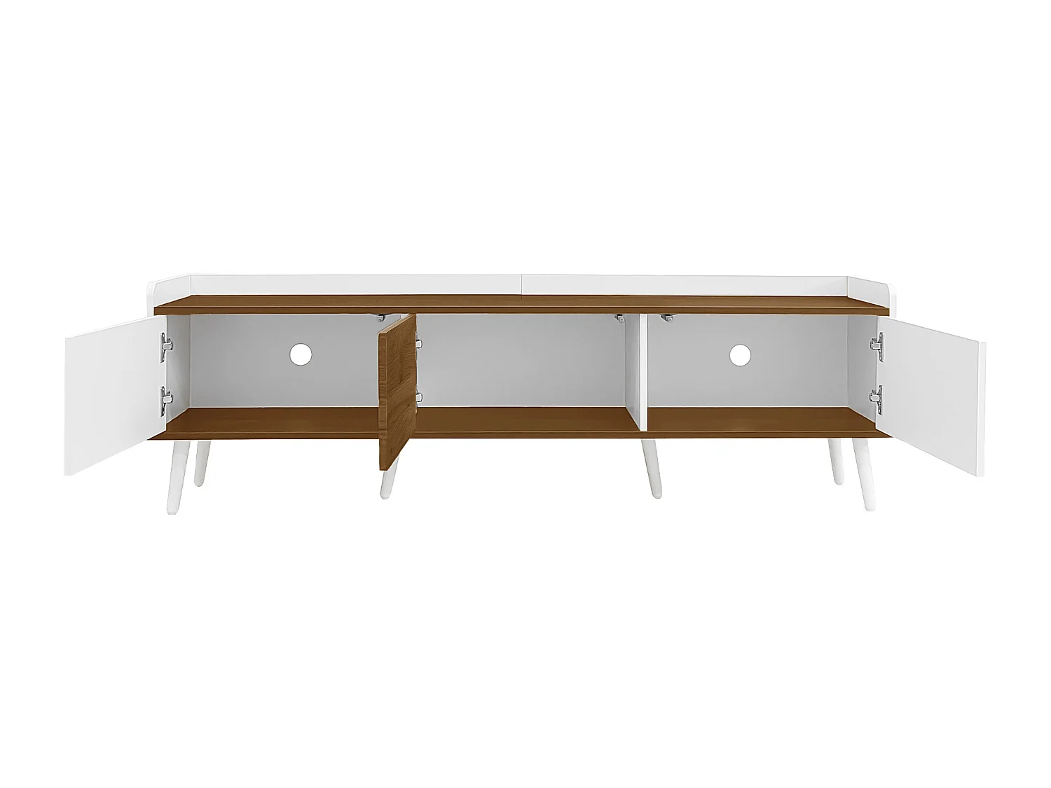 Meuble TV, table TV, support TV, meuble bas à trois portes, construction compacte, finition blanche et bois naturel, dimensions : H 49,5 cm / L 160 cm / P 39 cm.