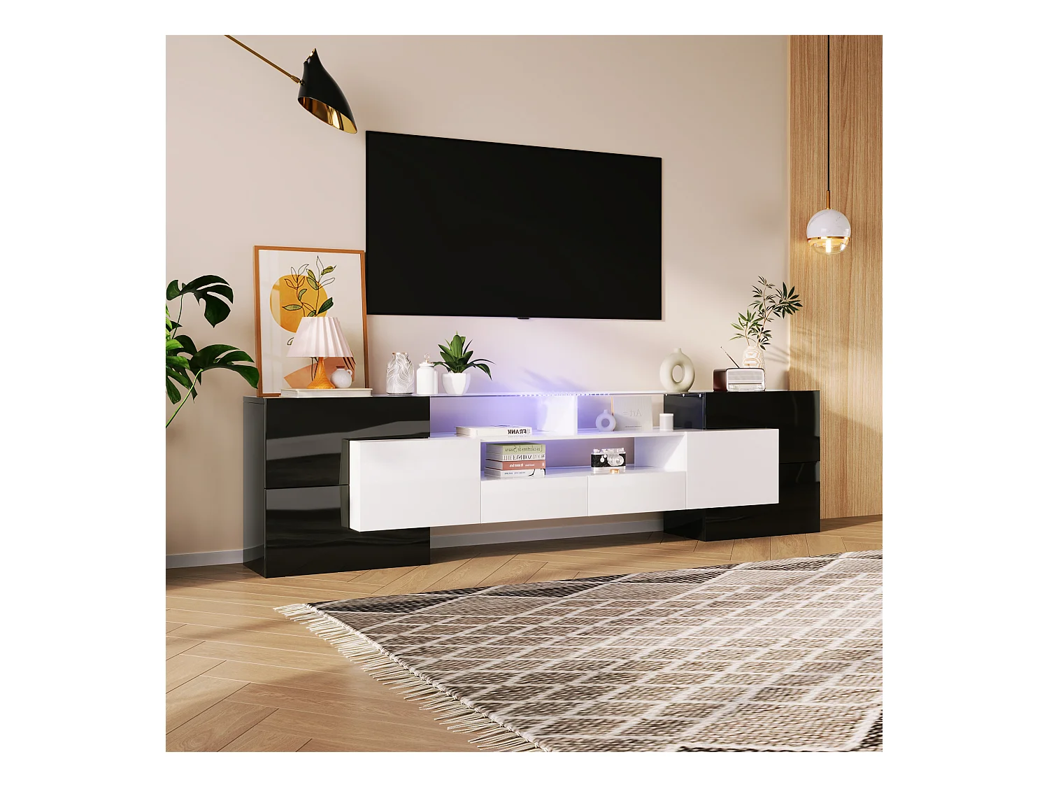 Meuble TV élégant 200 cm blanc/noir brillant avec LED. Design moderne, verre facile à nettoyer, crée une ambiance lumineuse parfaite pour salons modernes