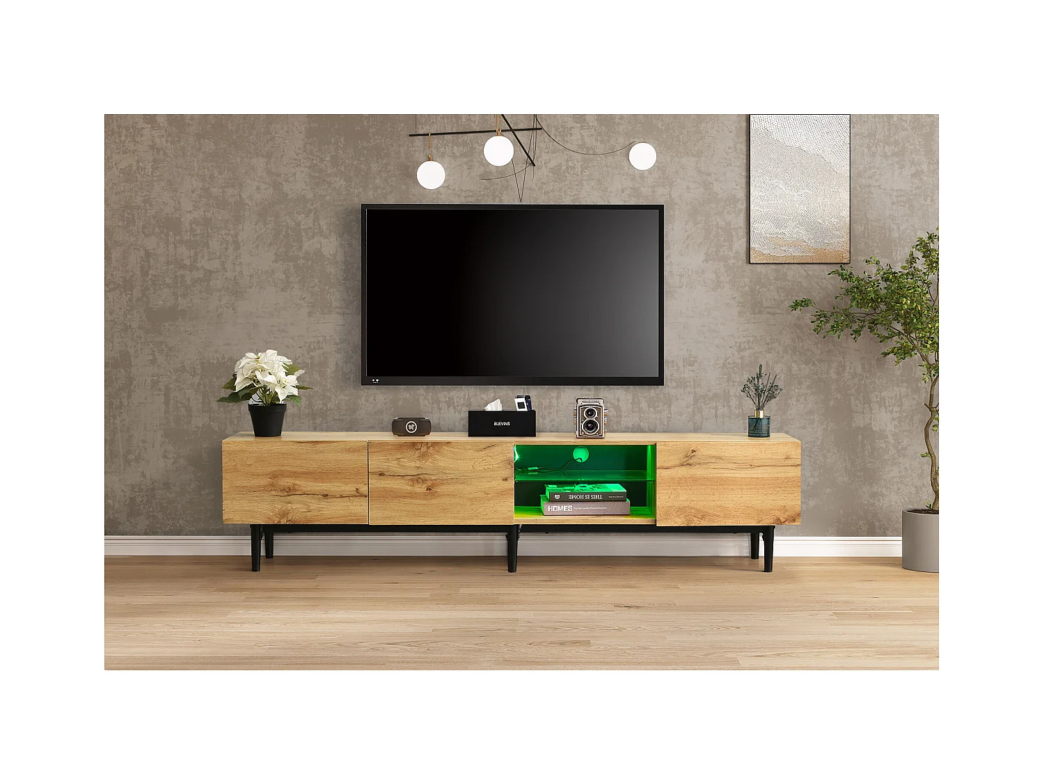 Meuble TV moderne avec finition bois, éclairage LED variable, 175 x 31 x 41 cm