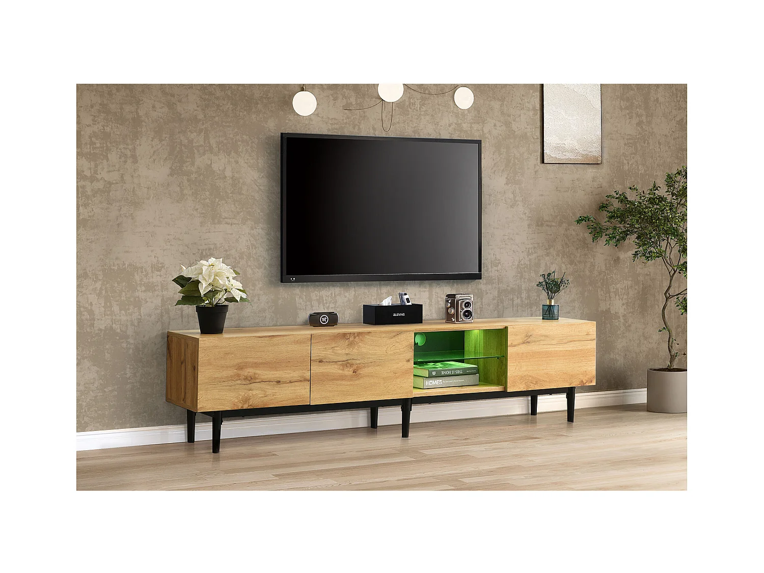 Meuble TV moderne avec finition bois, éclairage LED variable, 175 x 31 x 41 cm