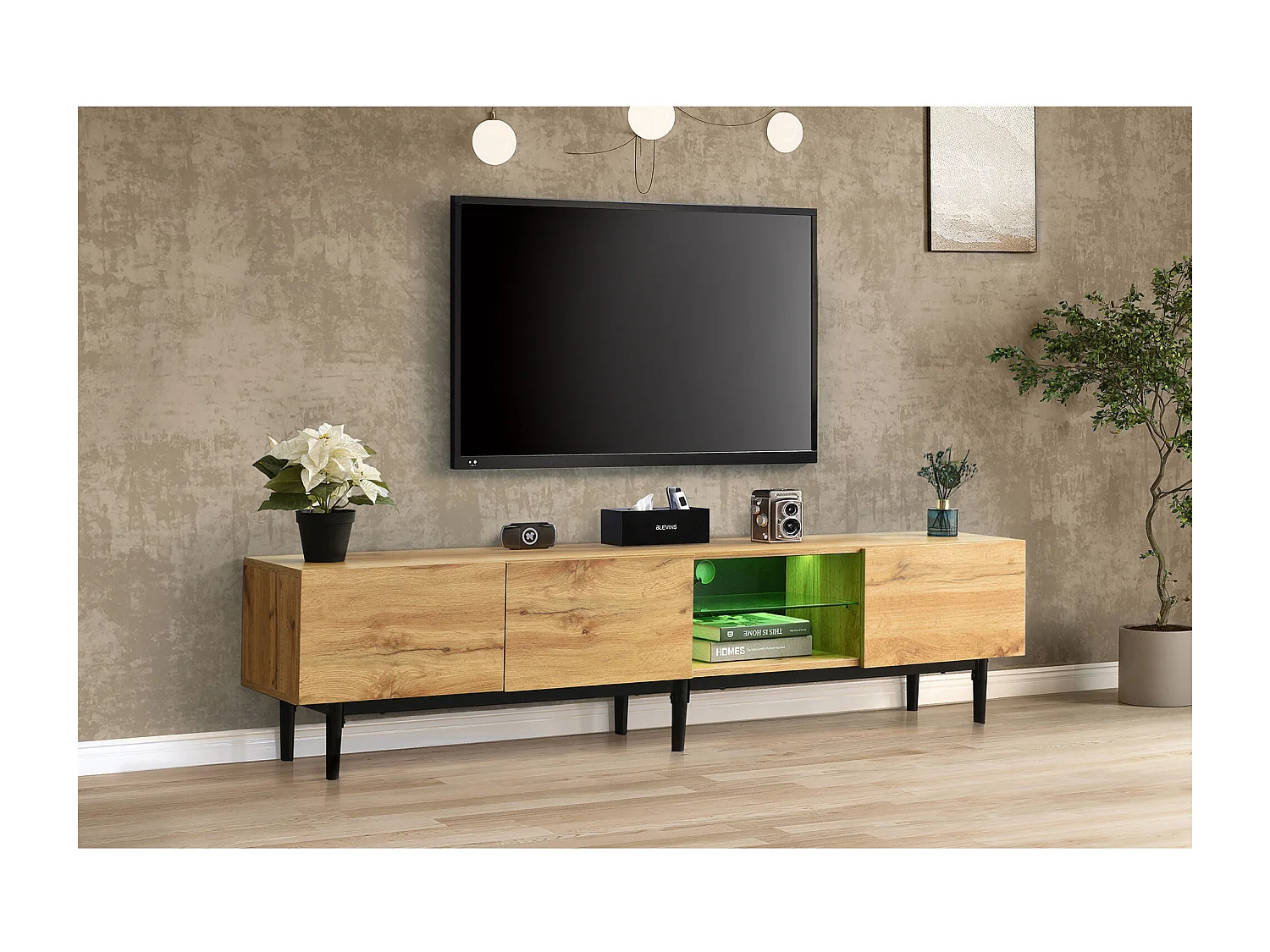 Meuble TV moderne avec finition bois, éclairage LED variable, 175 x 31 x 41 cm