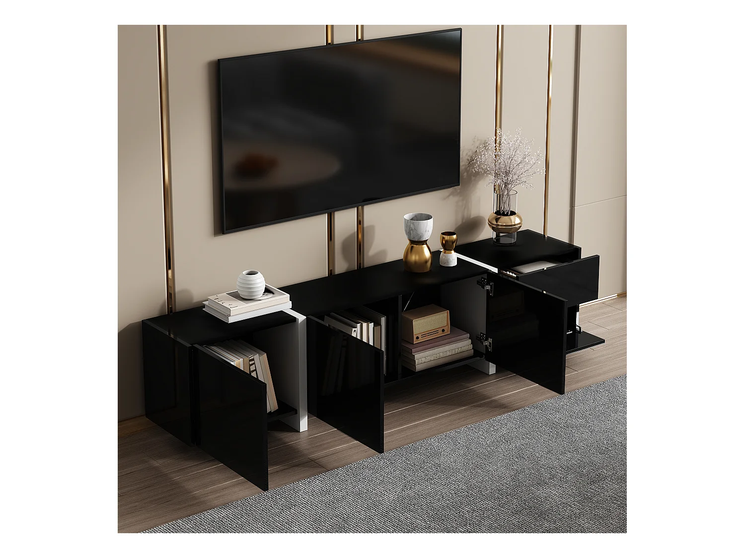 Meuble TV avec armoire basse, armoire noire laquée avec pieds blancs contrastants, portes et tiroirs élégants, avec barre lumineuse LED.