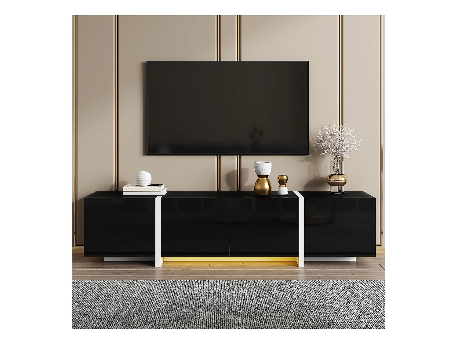 Meuble TV avec armoire basse, armoire noire laquée avec pieds blancs contrastants, portes et tiroirs élégants, avec barre lumineuse LED.