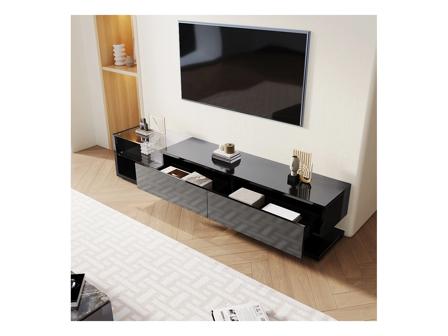 Meuble TV/Lowboard blanc brillant avec cloisons en verre et LED réglable. Allie style rustique naturel et design moderne pour un salon harmonieux.