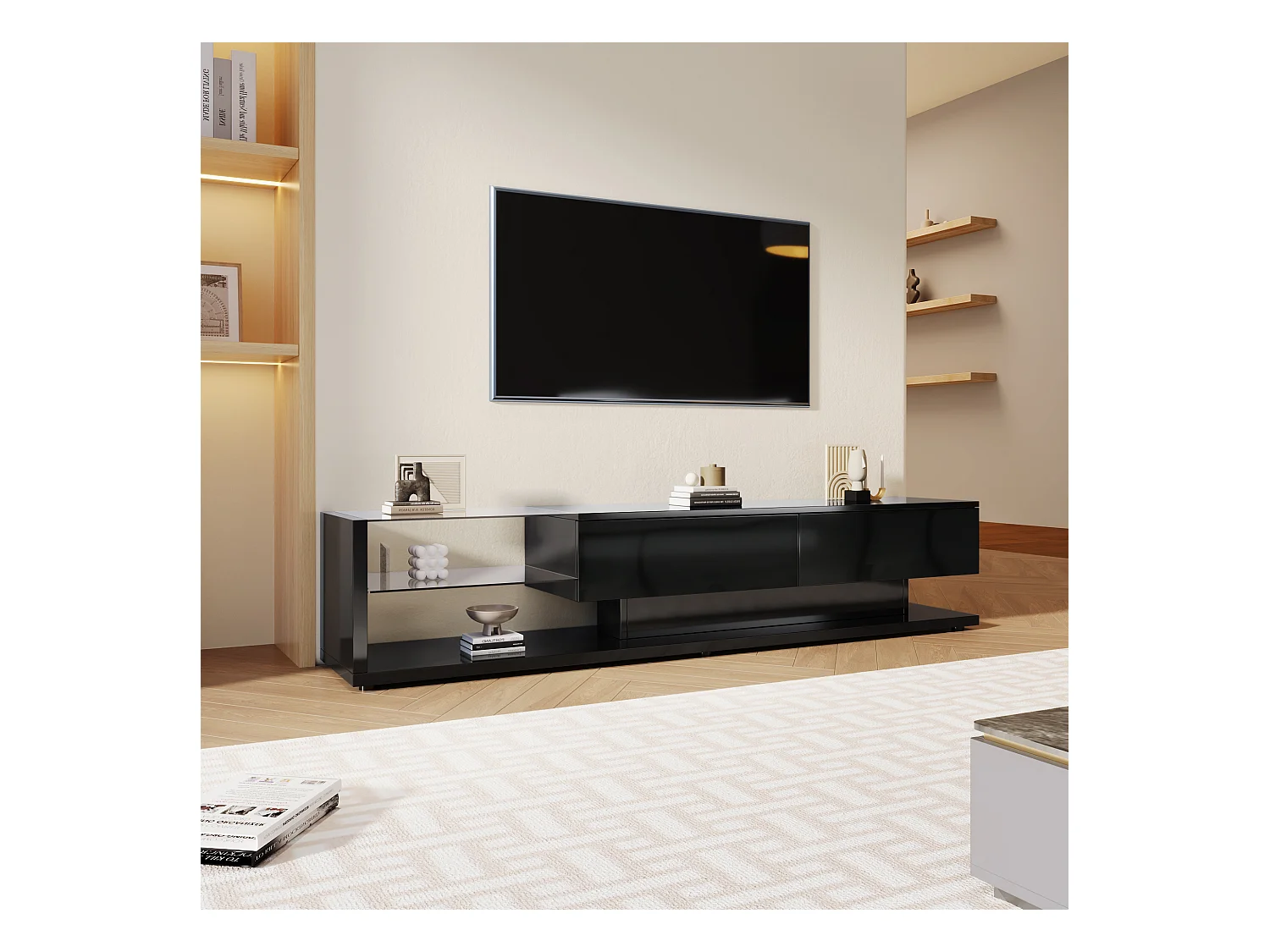 Meuble TV/Lowboard blanc brillant avec cloisons en verre et LED réglable. Allie style rustique naturel et design moderne pour un salon harmonieux.