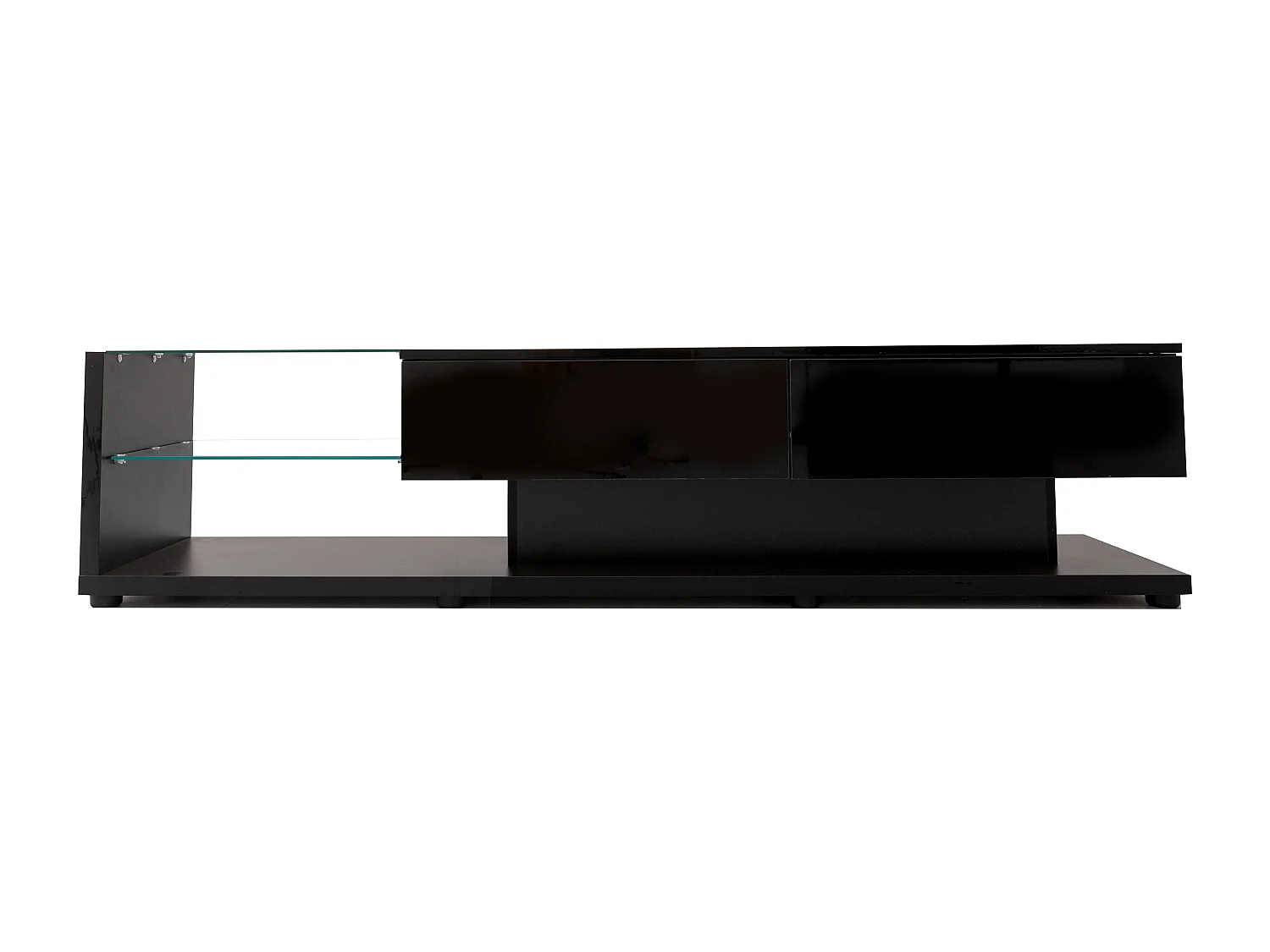 Meuble TV/Lowboard blanc brillant avec cloisons en verre et LED réglable. Allie style rustique naturel et design moderne pour un salon harmonieux.