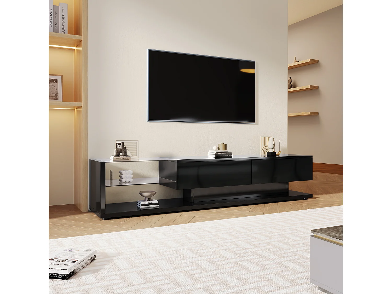 Meuble TV/Lowboard blanc brillant avec cloisons en verre et LED réglable. Allie style rustique naturel et design moderne pour un salon harmonieux.