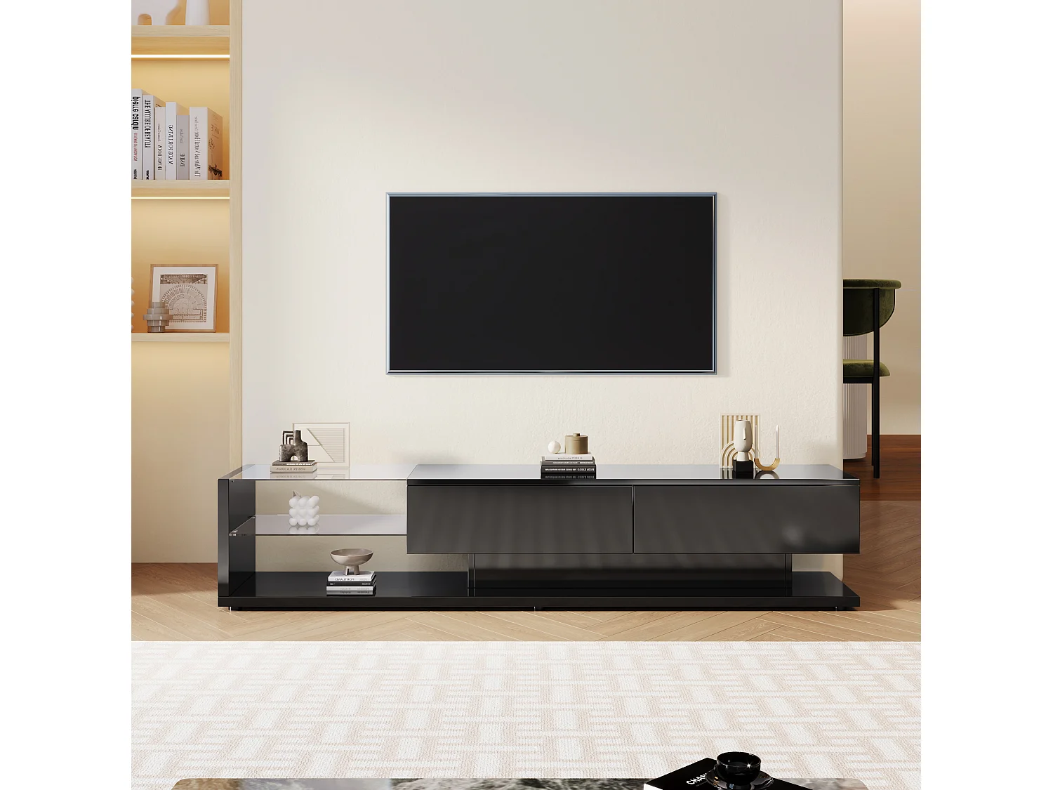 Meuble TV/Lowboard blanc brillant avec cloisons en verre et LED réglable. Allie style rustique naturel et design moderne pour un salon harmonieux.