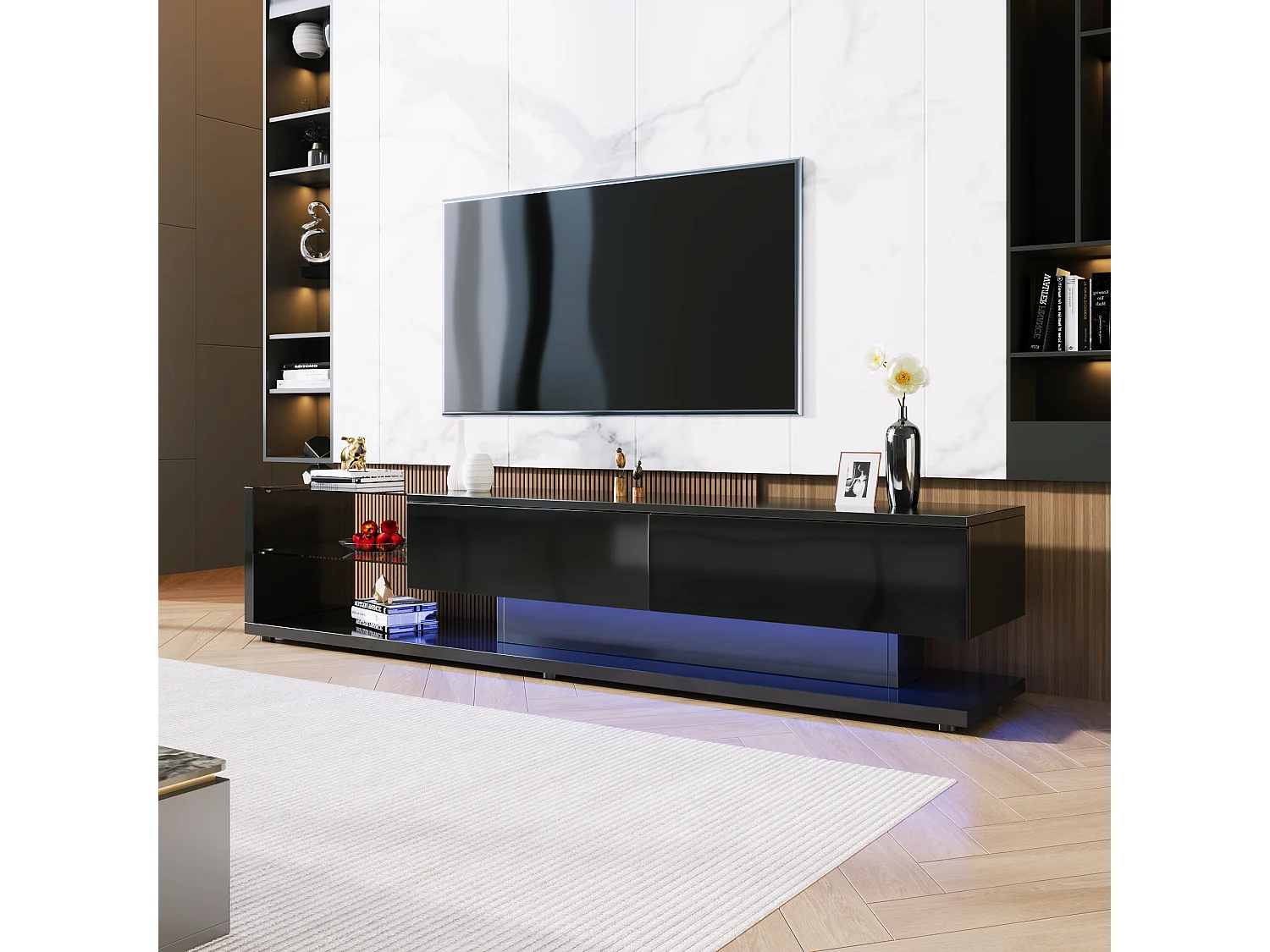 Meuble TV/Lowboard blanc brillant avec cloisons en verre et LED réglable. Allie style rustique naturel et design moderne pour un salon harmonieux.