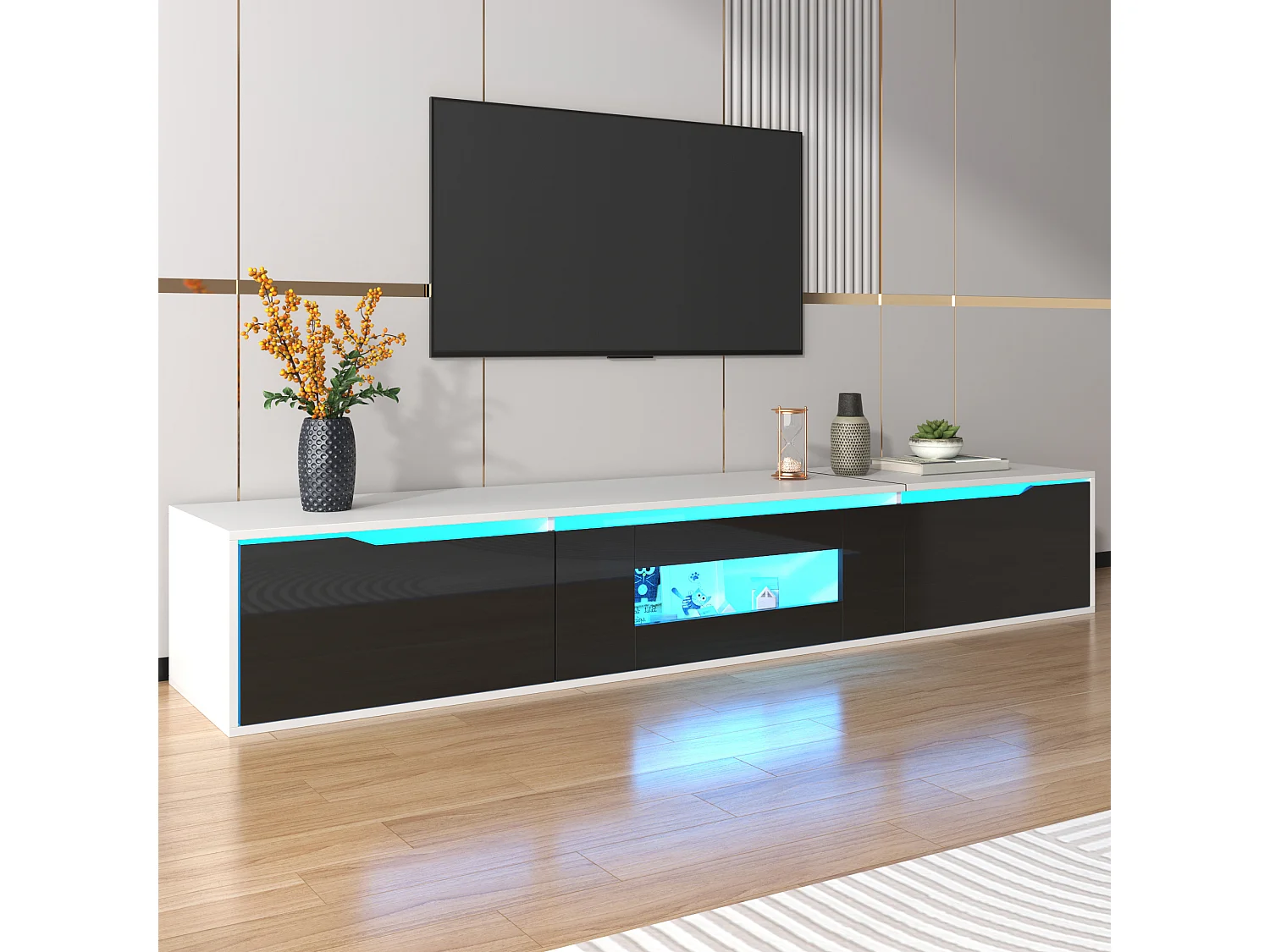Meuble TV, Meuble TV Brillant, Assorti Noir et Blanc, avec Éclairage LED Multicolore