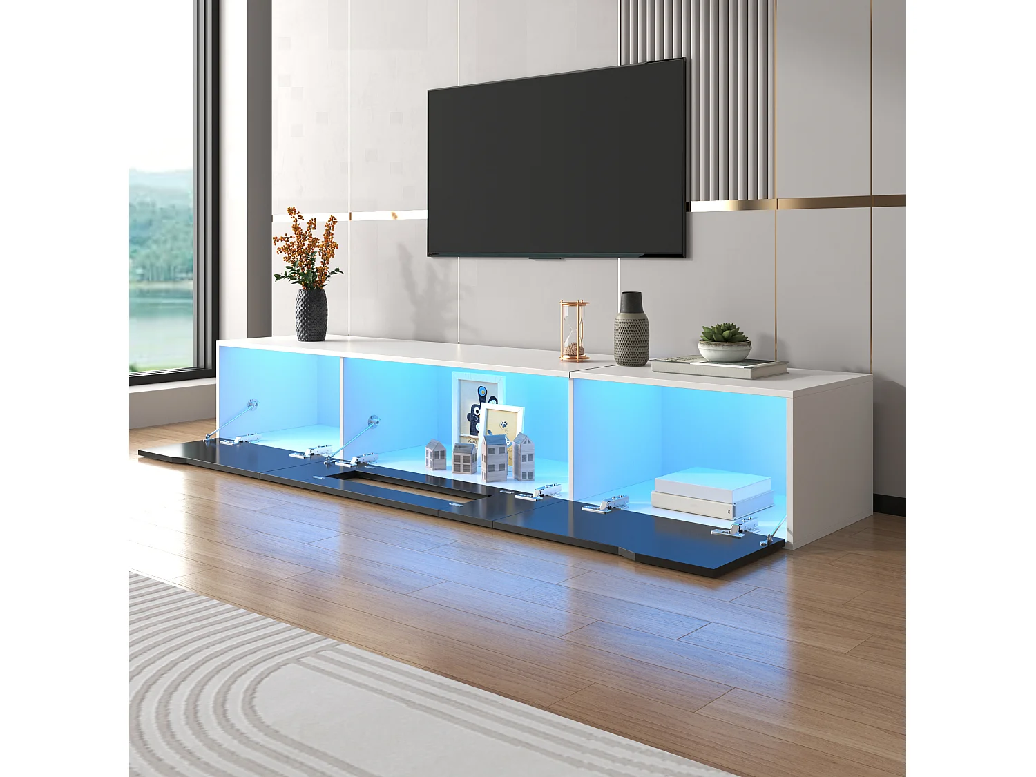 Meuble TV, Meuble TV Brillant, Assorti Noir et Blanc, avec Éclairage LED Multicolore