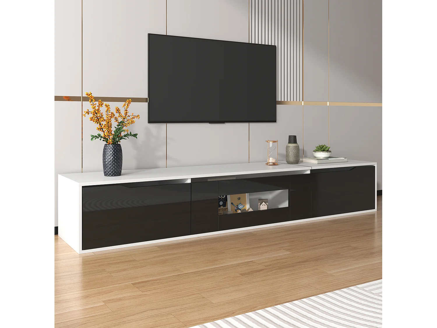 Meuble TV, Meuble TV Brillant, Assorti Noir et Blanc, avec Éclairage LED Multicolore