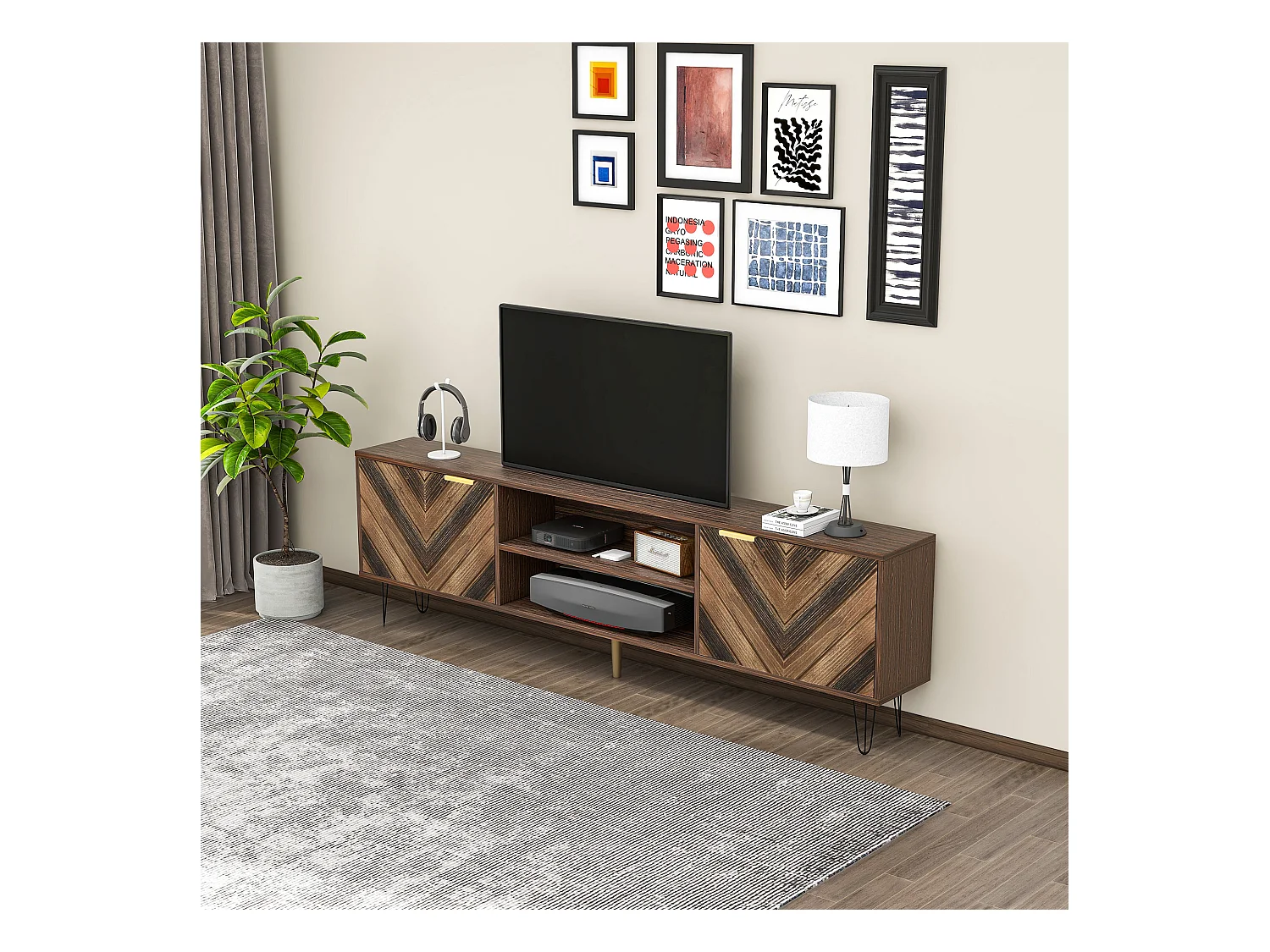 Commode TV à deux portes (plaqué bois massif), deux compartiments, panneau bas, poignées en or et pieds en fer – Élégance et praticité pour votre salon