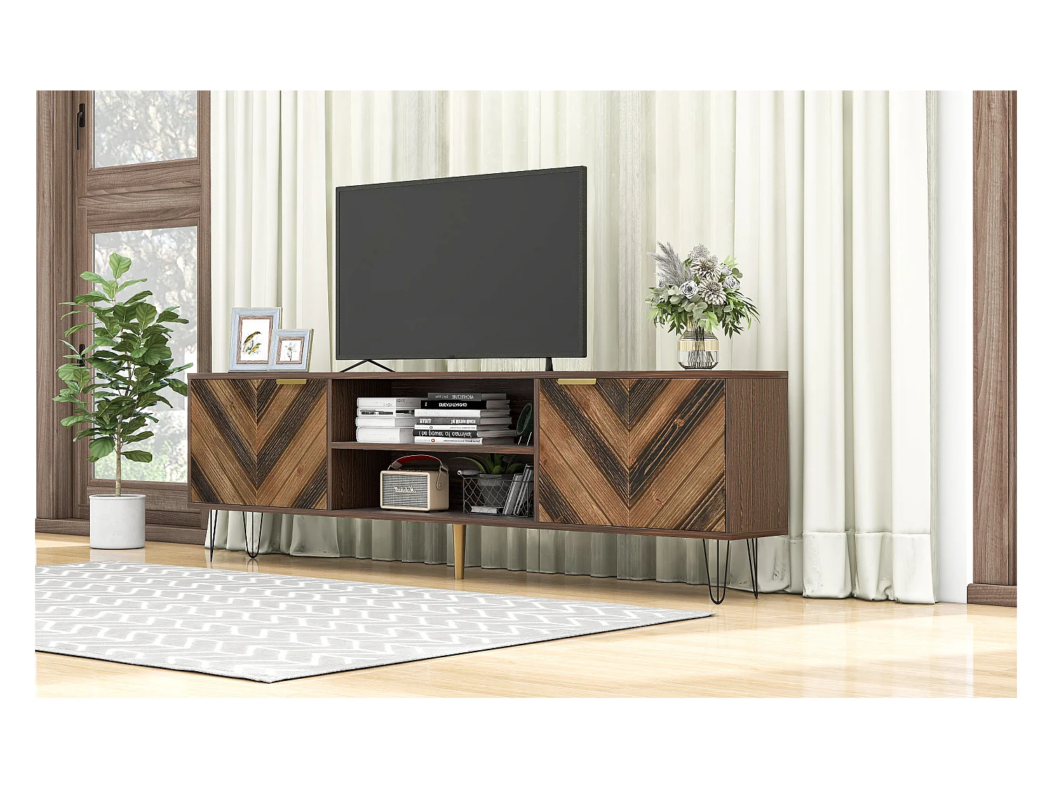 Commode TV à deux portes (plaqué bois massif), deux compartiments, panneau bas, poignées en or et pieds en fer – Élégance et praticité pour votre salon