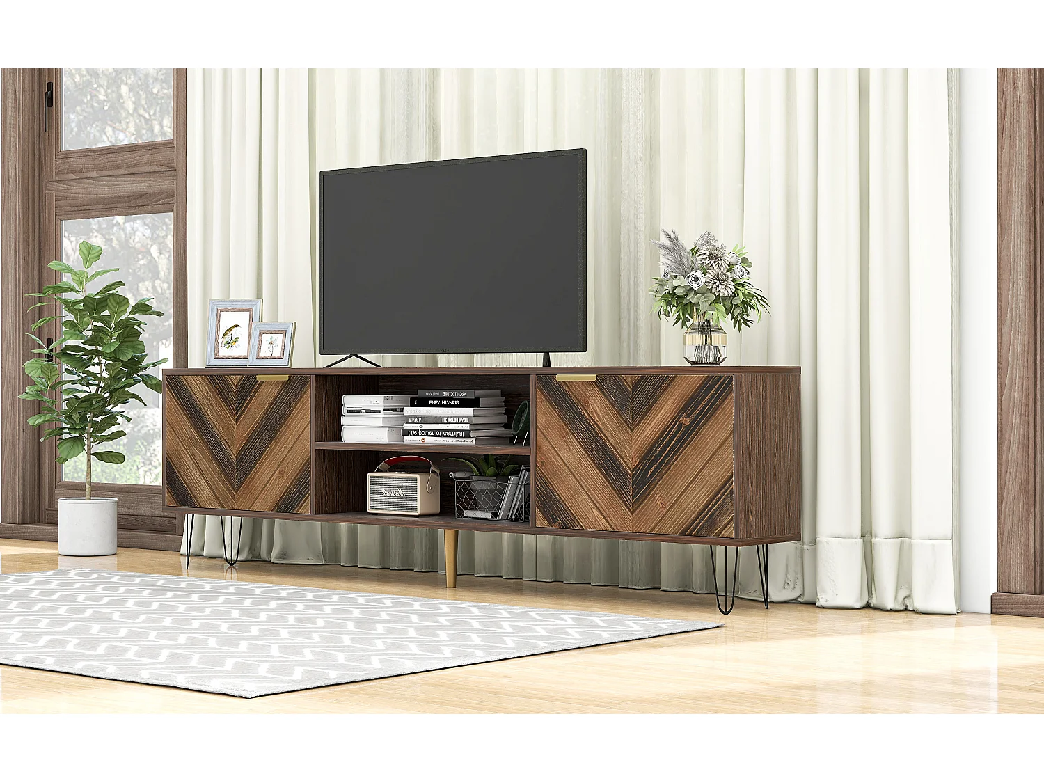 Commode TV à deux portes (plaqué bois massif), deux compartiments, panneau bas, poignées en or et pieds en fer – Élégance et praticité pour votre salon