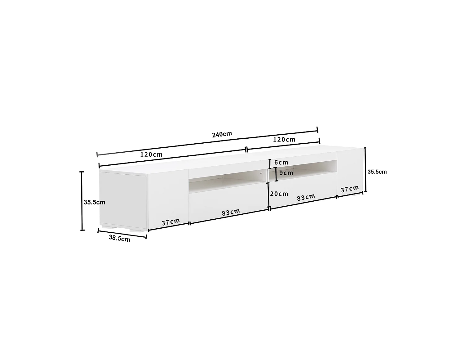 Meuble TV blanc 240 cm avec panneau brillant, éclairage LED variable. Design épuré et pratique, idéal salon/salle à manger avec grand espace de rangement.
