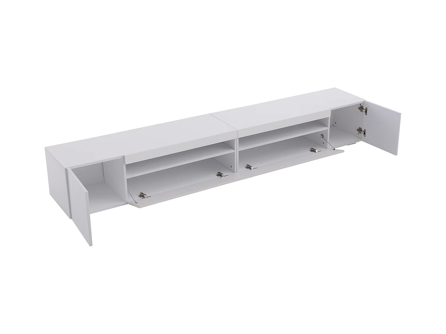 Meuble TV blanc 240 cm avec panneau brillant, éclairage LED variable. Design épuré et pratique, idéal salon/salle à manger avec grand espace de rangement.