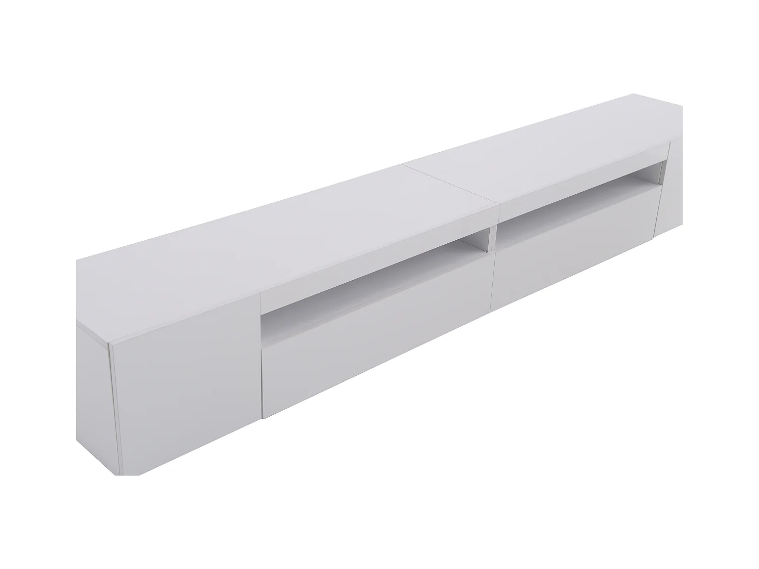 Meuble TV blanc 240 cm avec panneau brillant, éclairage LED variable. Design épuré et pratique, idéal salon/salle à manger avec grand espace de rangement.