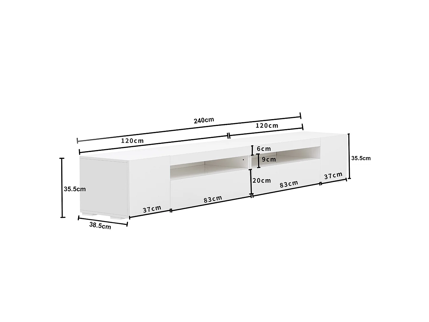 Meuble TV blanc 240 cm avec panneau brillant, éclairage LED variable. Design épuré et pratique, idéal salon/salle à manger avec grand espace de rangement.