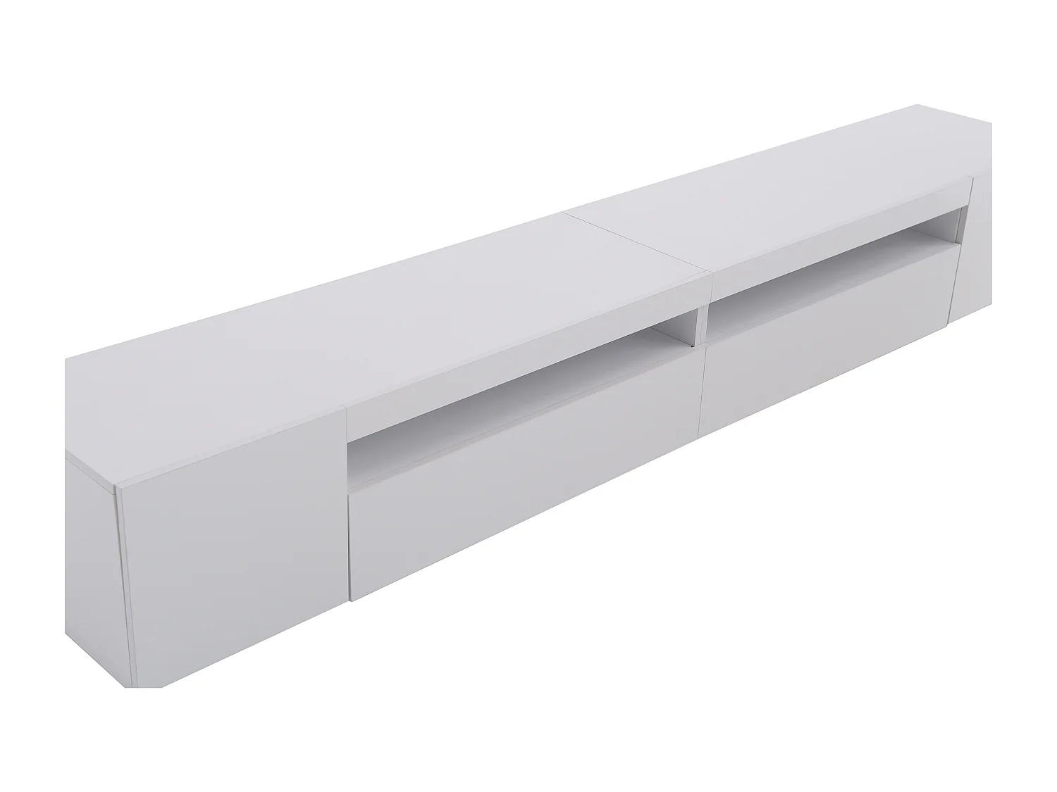 Meuble TV blanc 240 cm avec panneau brillant, éclairage LED variable. Design épuré et pratique, idéal salon/salle à manger avec grand espace de rangement.