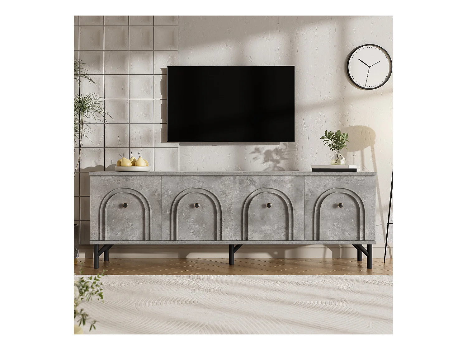 Meuble TV 4 portes moderne – Gris, 160 cm – Design élégant, charnières Soft-Close – Parfait pour le salon et la zone de divertissement.