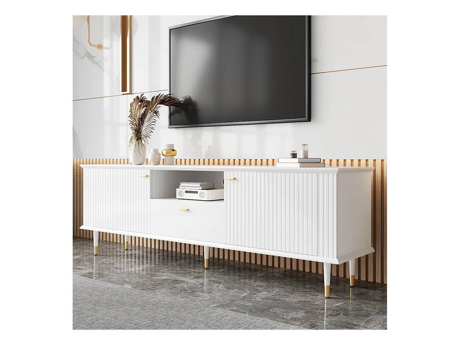 Meuble TV avec compartiments ouverts et tiroirs, surface structurée laquée, charnières Soft-Close, design moderne et fonctionnel.