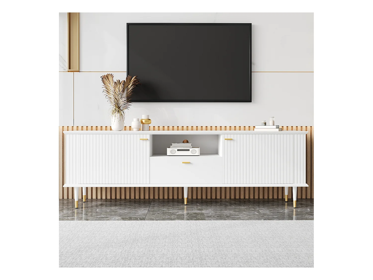 Meuble TV avec compartiments ouverts et tiroirs, surface structurée laquée, charnières Soft-Close, design moderne et fonctionnel.