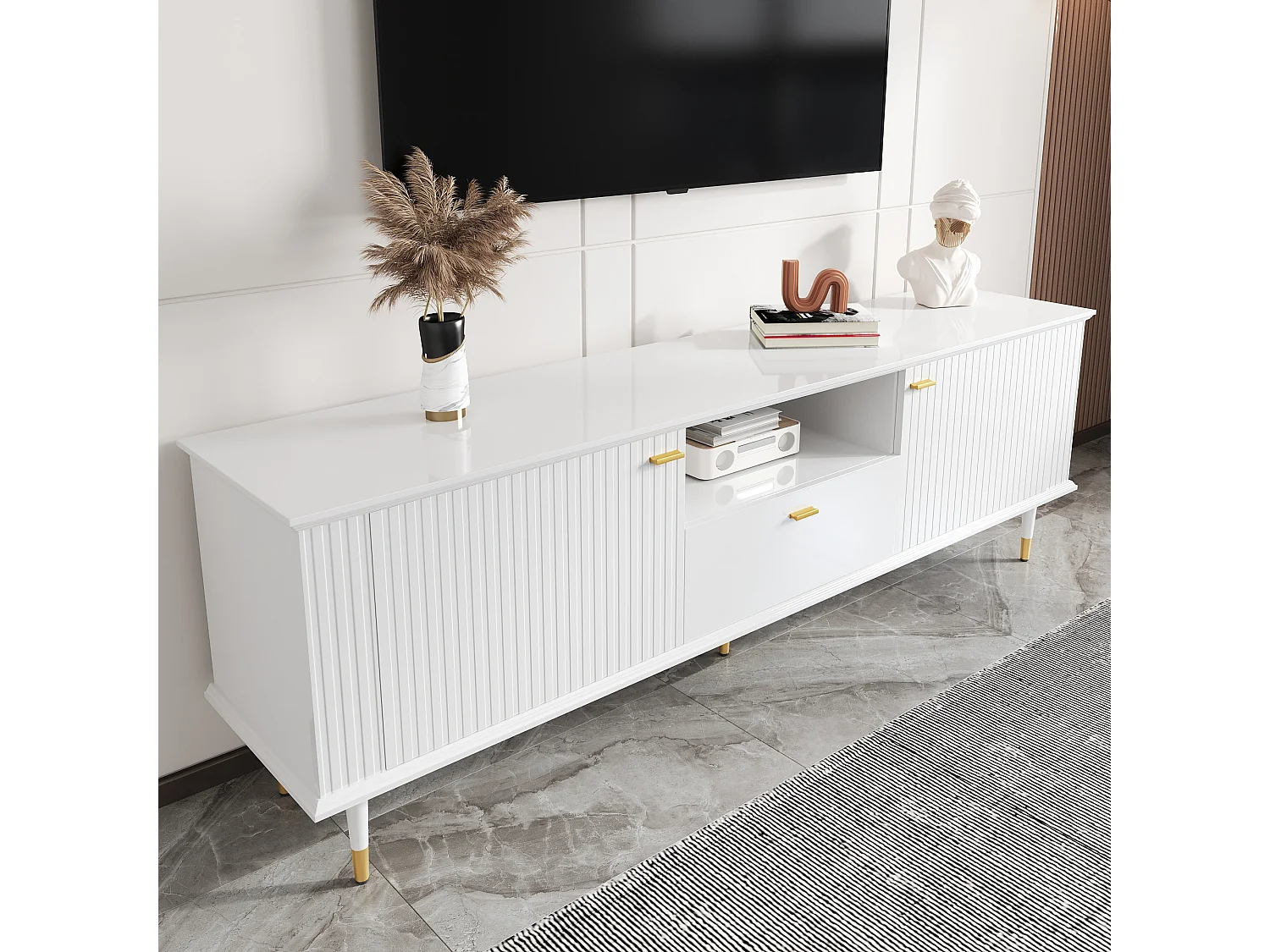 Meuble TV avec compartiments ouverts et tiroirs, surface structurée laquée, charnières Soft-Close, design moderne et fonctionnel.