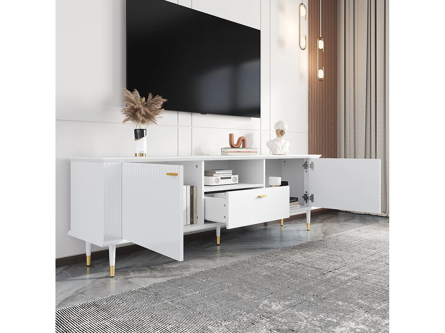 Meuble TV avec compartiments ouverts et tiroirs, surface structurée laquée, charnières Soft-Close, design moderne et fonctionnel.