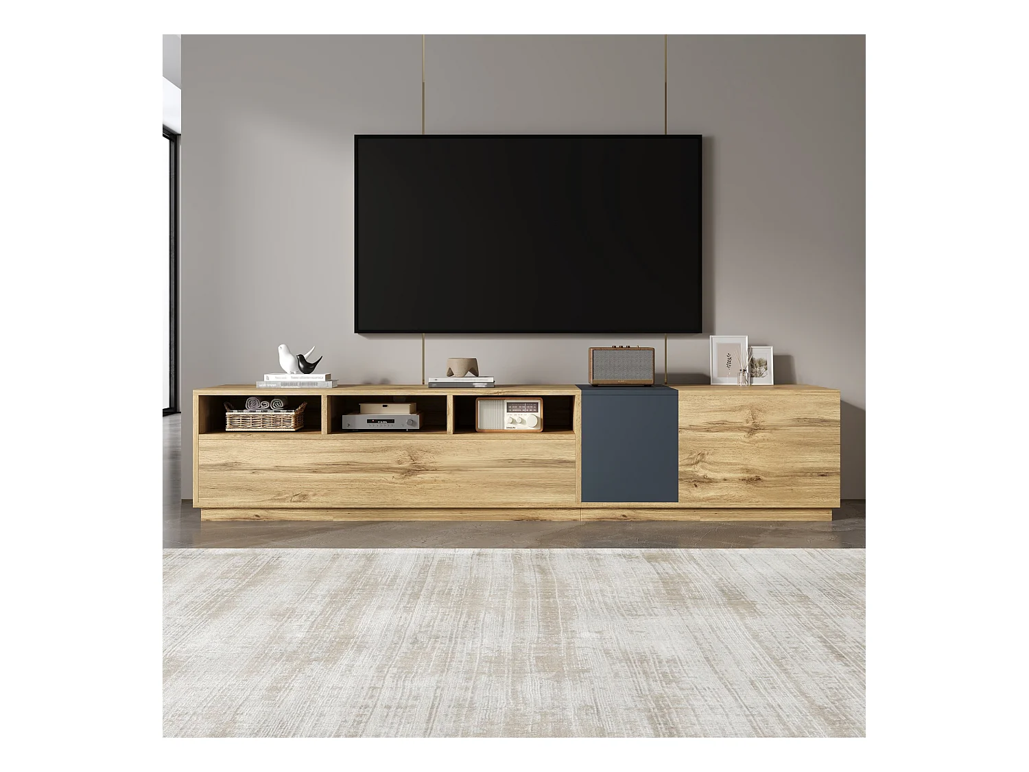 Meuble TV moderne 200 cm aux couleurs contrastantes, avec étagères ouvertes et passages pour câbles. Design simple et pratique pour organiser vos médias