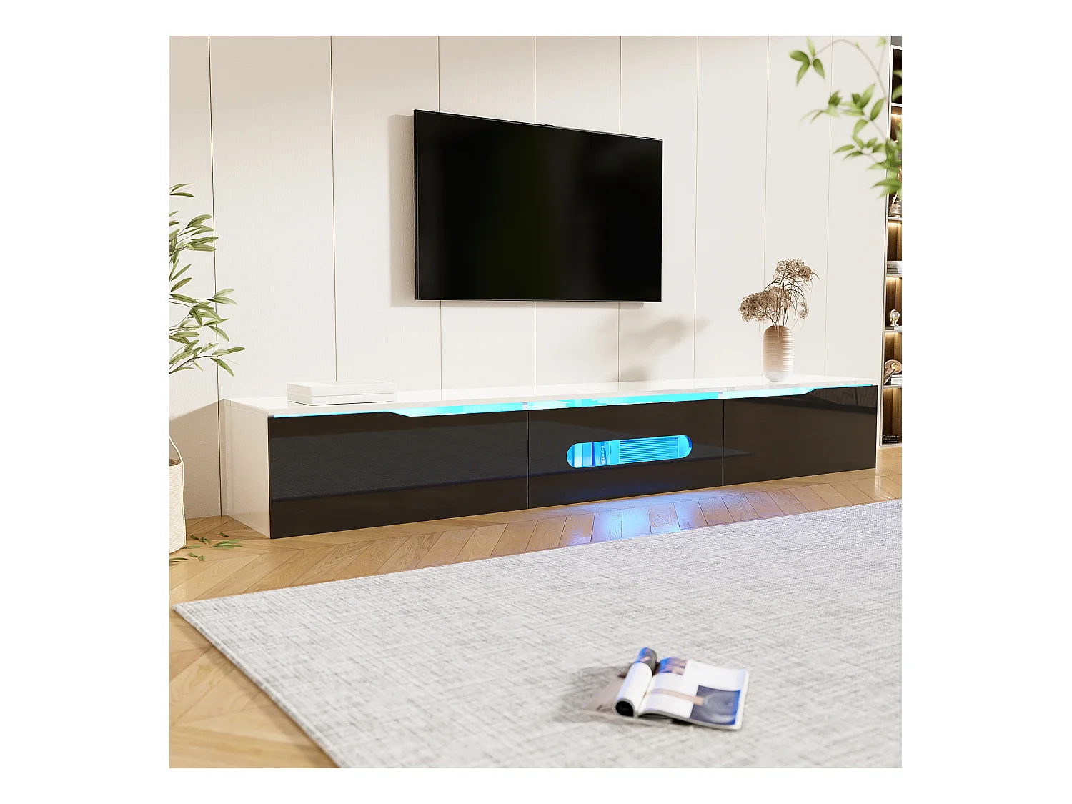 Meuble TV noir et blanc, 180 cm, surface laquée, avec éclairage LED 16 couleurs, montable au mur