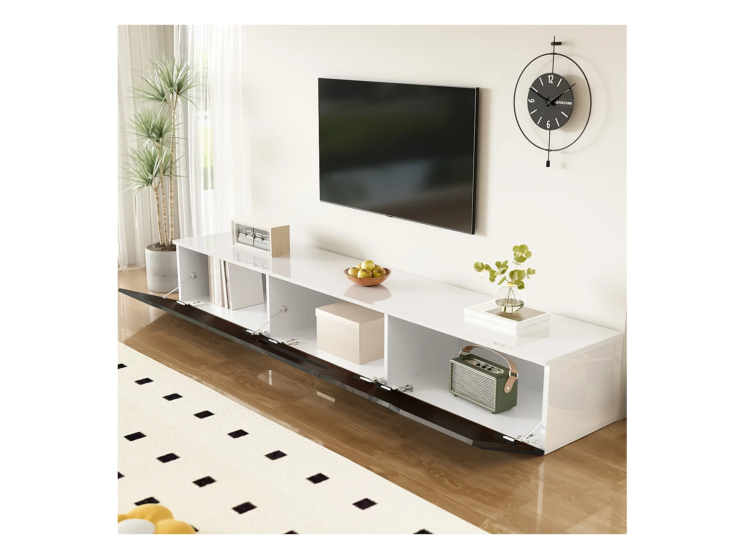 Meuble TV noir et blanc, 180 cm, surface laquée, avec éclairage LED 16 couleurs, montable au mur