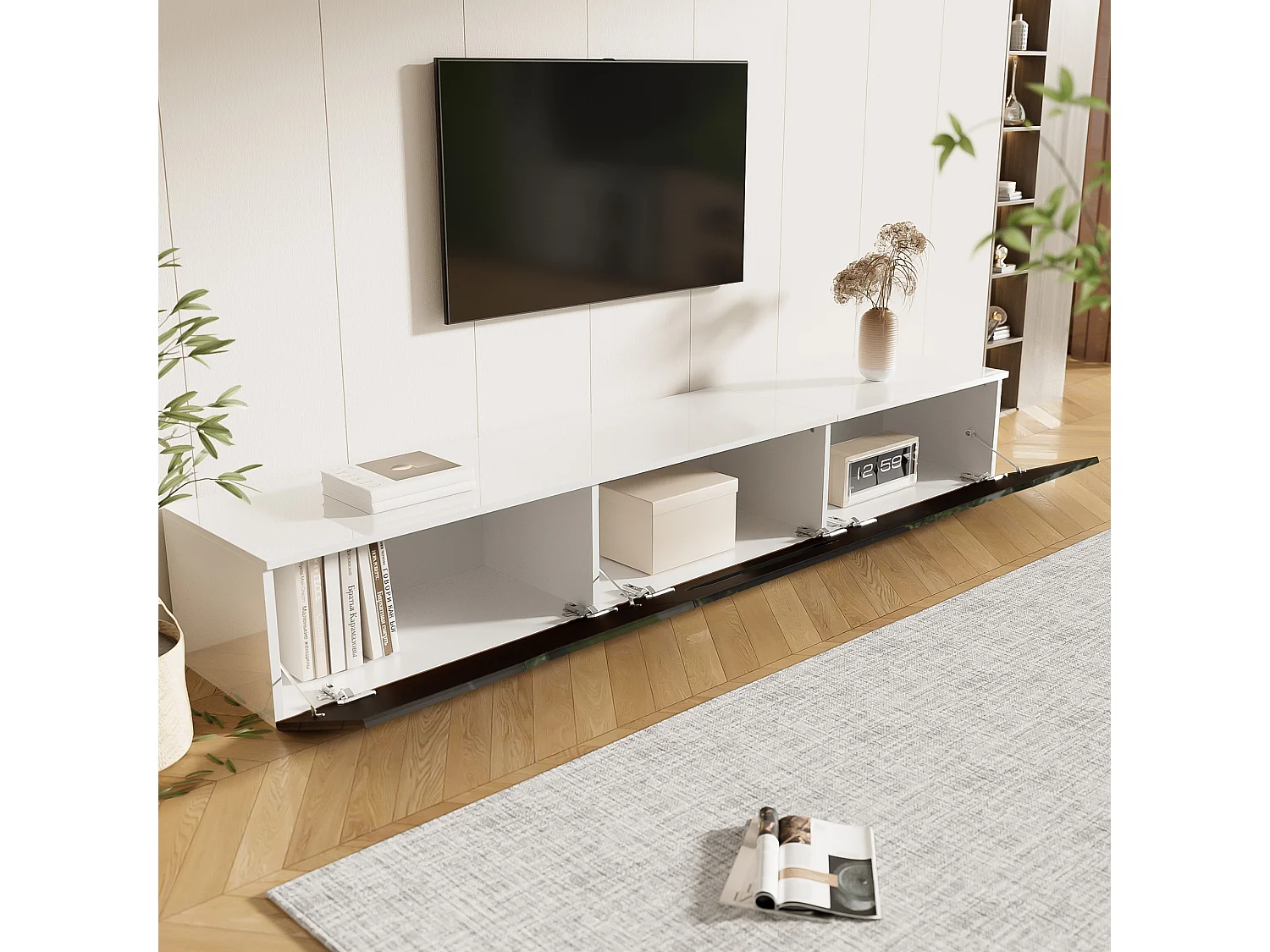 Meuble TV noir et blanc, 180 cm, surface laquée, avec éclairage LED 16 couleurs, montable au mur