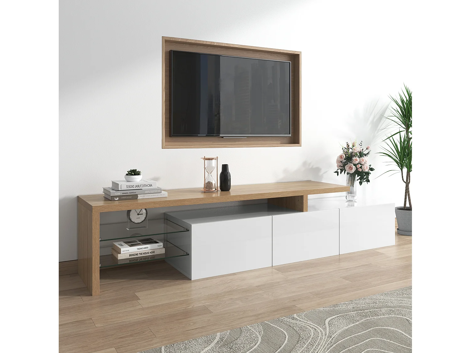 Meuble TV Moderne : Élégance Stylée, Rangement Pratique, Blanc Brillant, Aspect Bois, Étagères en Verre, Éclairage LED